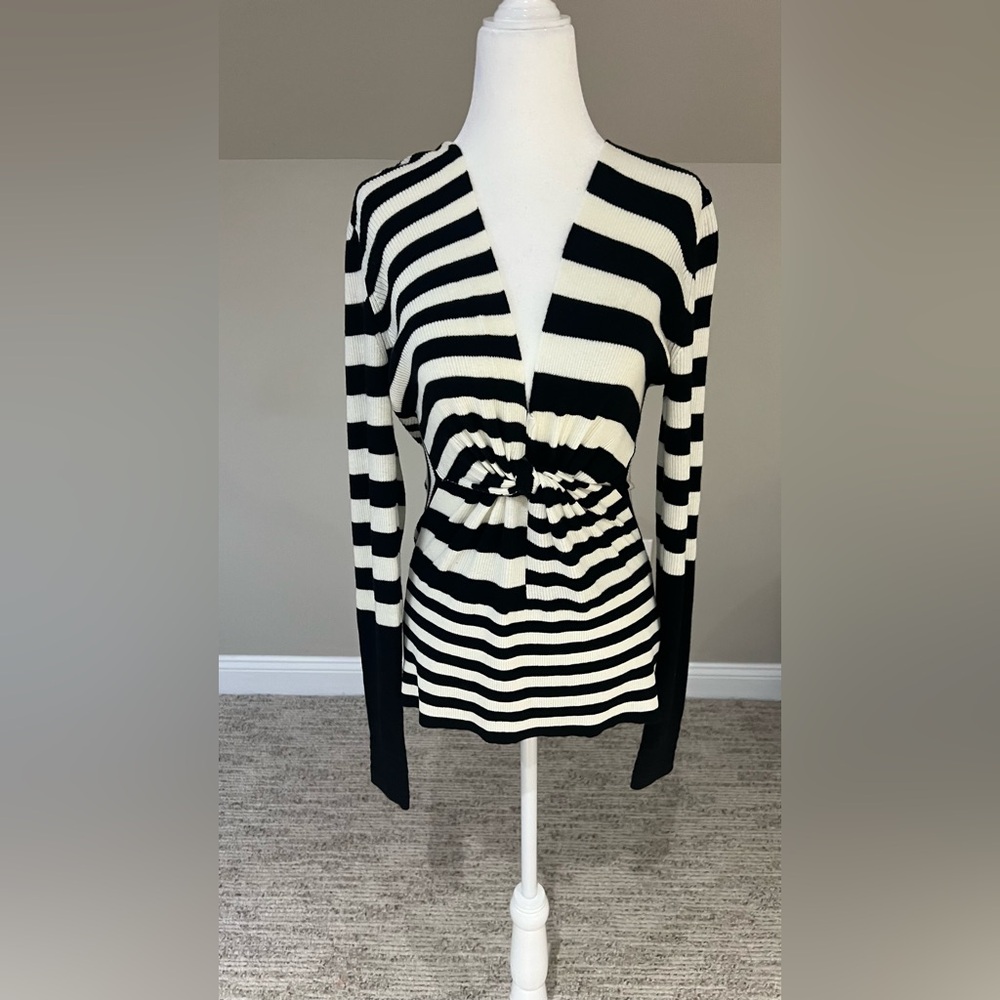 Elegant Black and White Striped V-Neck Sweater